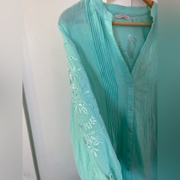 NWT soft surroundings 2X button down blouse roll tab sleeves aqua - Picture 5 of 10
